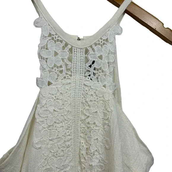 Doe & Rae Cream Lace Linen Cotton Cottage Coquette halter mini Dress Small boho - Picture 4 of 14